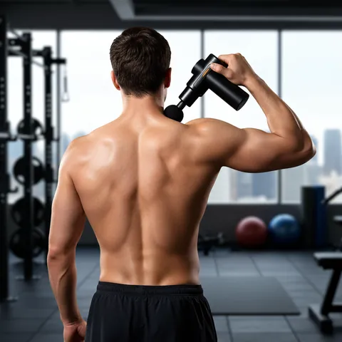 Man met massage gun in sportschool - AI fitness fotografie