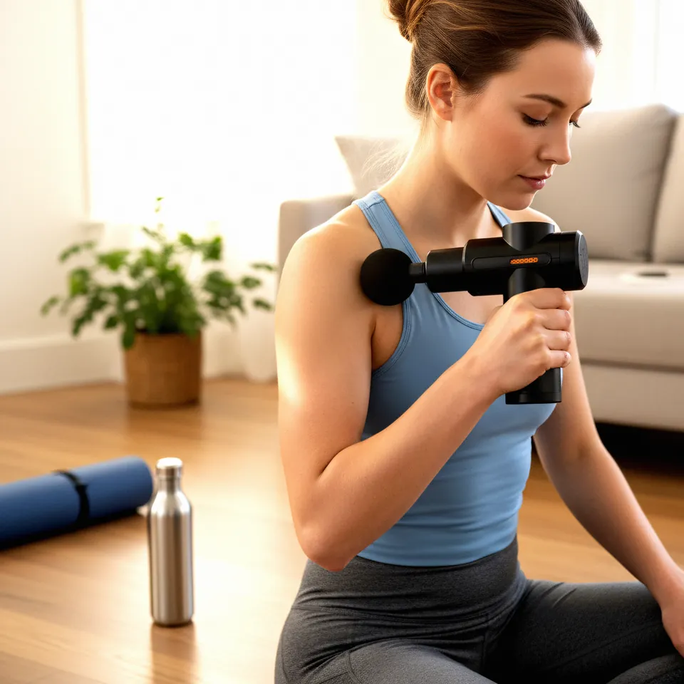 Vrouw met massage gun op vloer - AI lifestyle fotografie