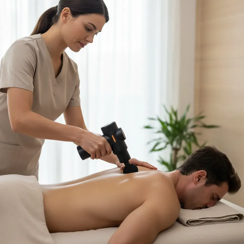 Massage gun lifestyle foto in gebruik - AI fotografie